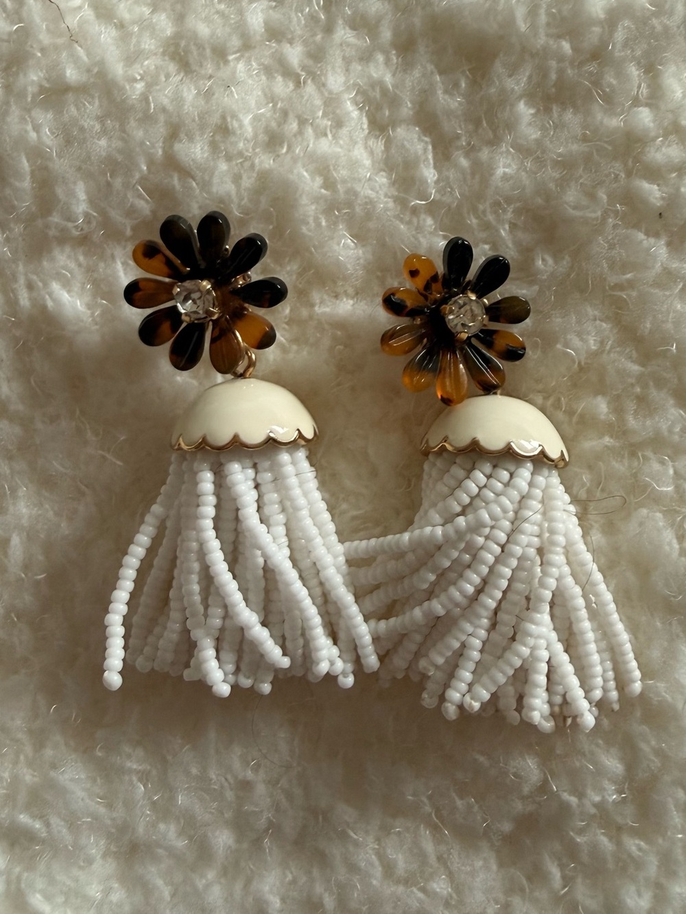 J. Crew Tortoiseshell Flower & White Beaded Tassel Earrings